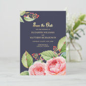 Invitation Save the date. Aquarelle bleu marine Floral (Debout devant)