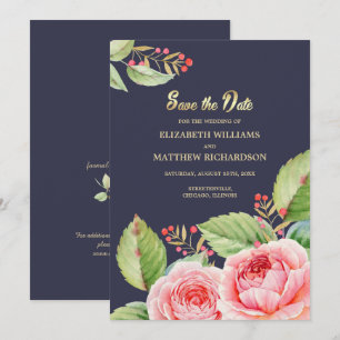 Invitation Save the date. Aquarelle bleu marine Floral