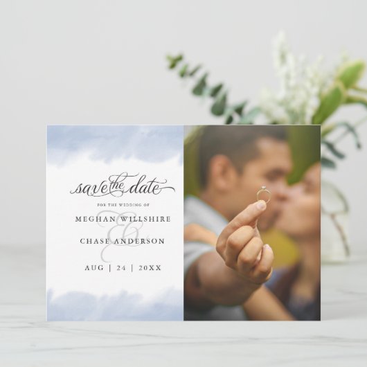 Invitation Save the date | Aquarelle bleu pâle foncé (Debout devant)