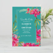 Invitation Save the date. Aquarelle florale Fuchsia Turquoise (Debout devant)