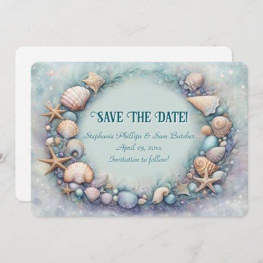 Invitation Save the Date Beach Seashells Coastal Themed (Devant / Derrière)