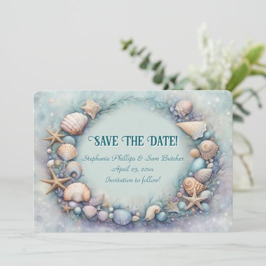 Invitation Save the Date Beach Seashells Coastal Themed (Debout devant)