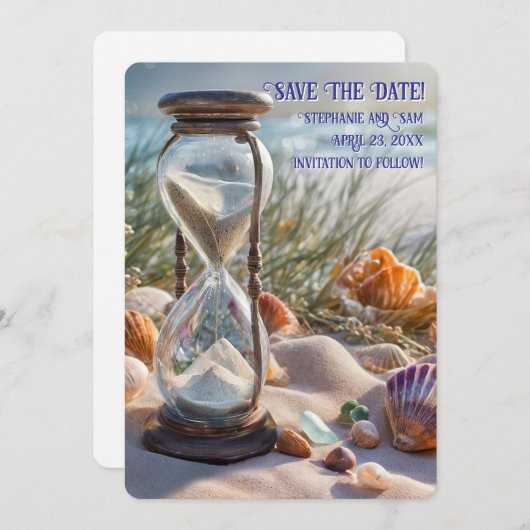 Invitation Save the Date Beach Seashells Hourglass (Devant / Derrière)