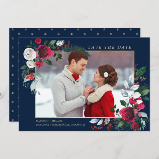 Invitation Save the date. Bleu Marine | Photo du Mariage de B (Devant / Derrière)