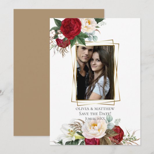 Invitation Save the date | Bourgogne Peony Bouquets floraux (Devant / Derrière)