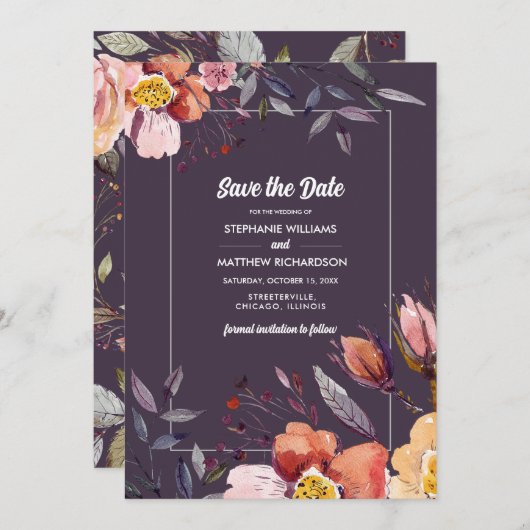 Invitation Save the date. Fleurs d'automne Mariage de prune (Devant / Derrière)