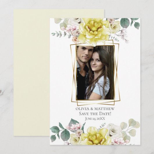 Invitation Save the date | Fleurs de pivoine jaune soleil (Devant / Derrière)