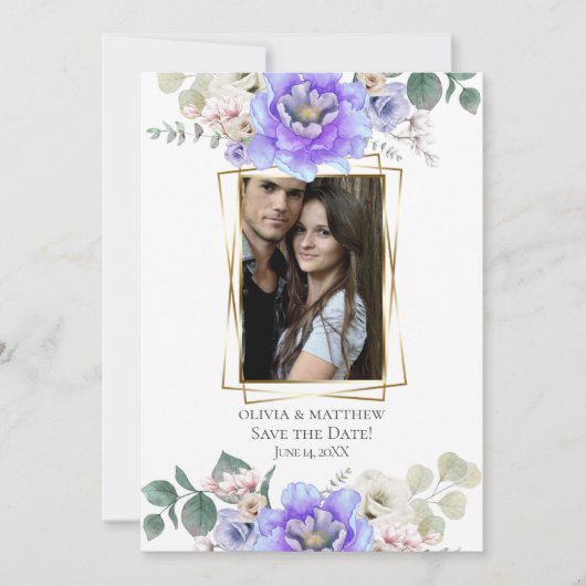 Invitation Save the date | Fleurs Ombré bleu violet (Devant)