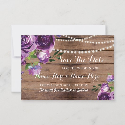 Invitation Save The Date Fleurs Violettes Bois Rus (Devant)