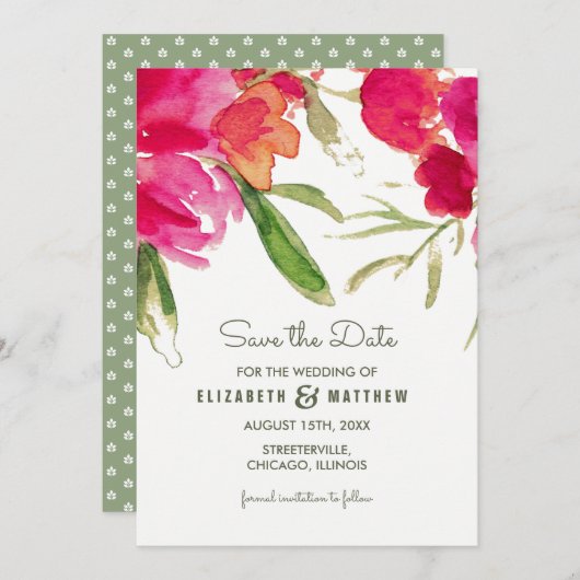 Invitation Save the date. Fuchsia Green Floral Mariage (Devant / Derrière)