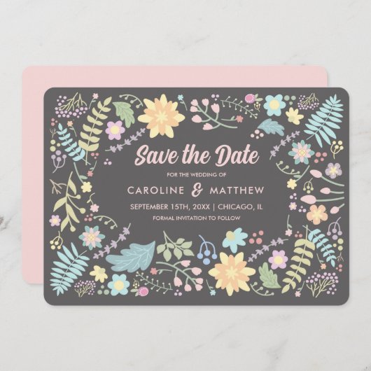 Invitation Save the date. Gris Blush rose moderne Floral (Devant / Derrière)