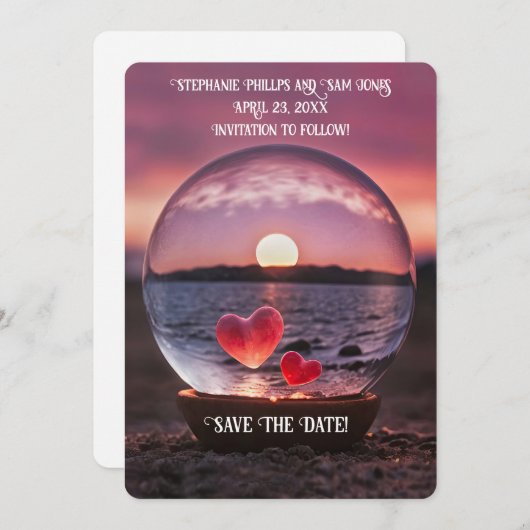 Invitation Save the Date Hearts on the Beach Pretty (Devant / Derrière)