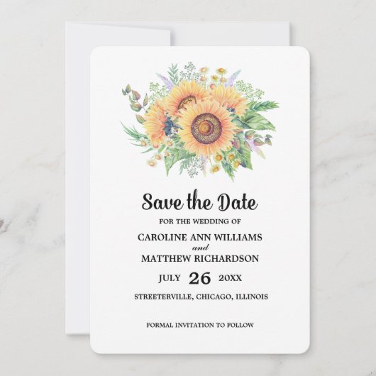 Invitation Save the date. Mariage de fleurs de soleil (Devant)
