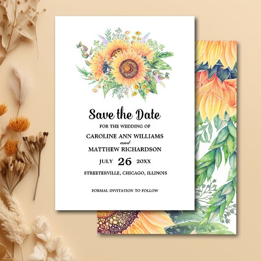 Invitation Save the date. Mariage de fleurs de soleil