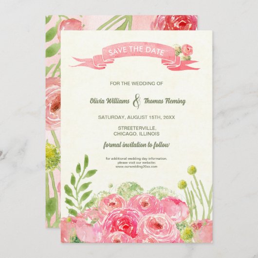 Invitation Save the date. Mariage Rose de l'aquarelle romanti (Devant / Derrière)