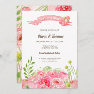 Invitation Save the date. Mariage Rose de l'aquarelle romanti
