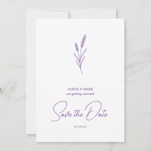 Invitation save the date minimalist elegant writing lavender (Devant)
