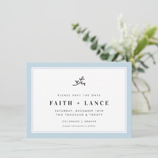 Invitation SAVE THE DATE moderne sprig simple bordure bébé bl (Debout devant)