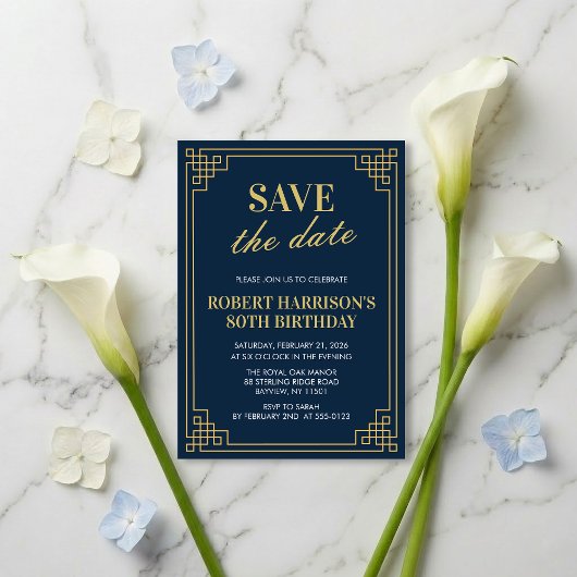 Invitation Save the Date Navy Gold 80th Birthday 