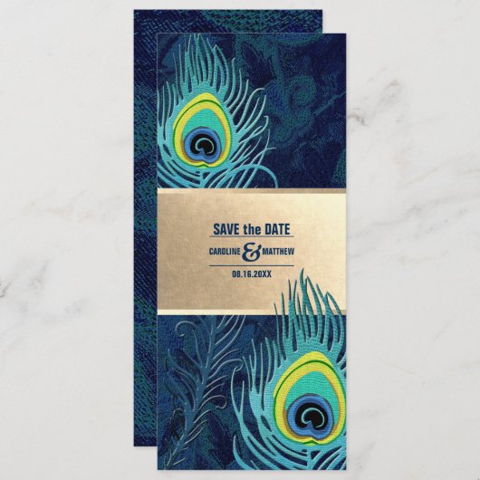 Invitation Save the date. Peacock Feather Marine Blue Gold (Devant / Derrière)