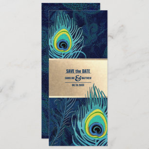 Invitation Save the date. Peacock Feather Marine Blue Gold