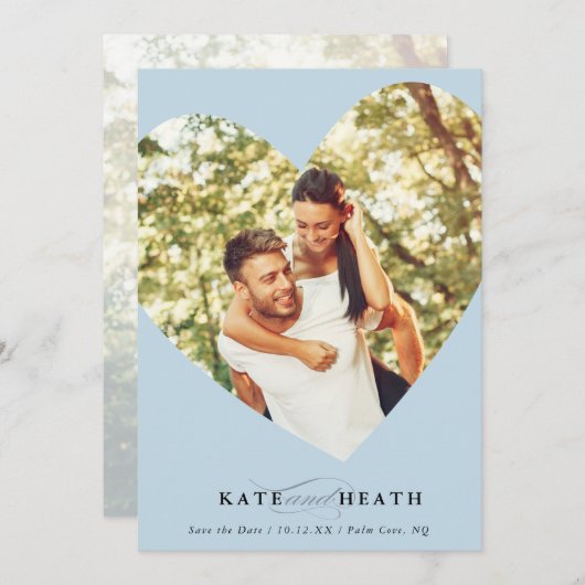 Invitation SAVE THE DATE photo moderne élégant coeur bleu pâl (Devant / Derrière)
