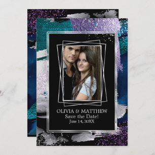 Invitation Save the date   Photo Silver Turquoise Lilac Abstr