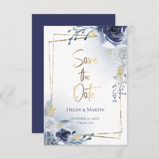 Invitation Save the date | roses et cadre en faux or (Devant / Derrière)