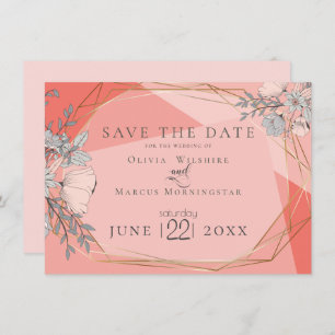 Invitation Save the date   Trendy Coral Floral Gold Frame