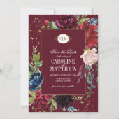 Invitation Save the date. Violet | Mariage floral bleu marine (Devant)