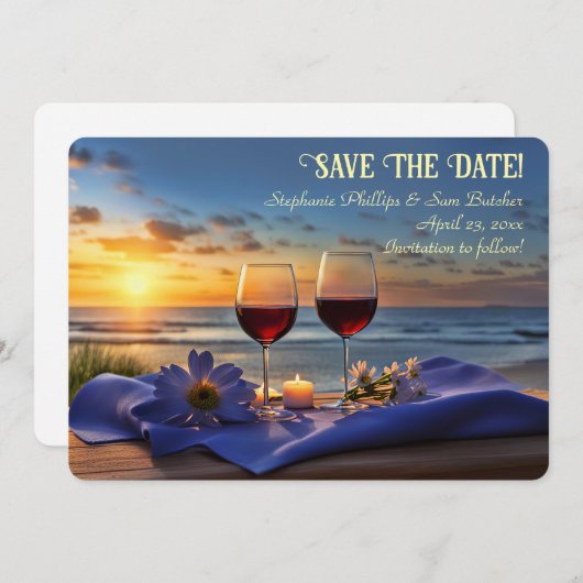 Invitation Save the Date Wine on the Beach Sunset (Devant / Derrière)