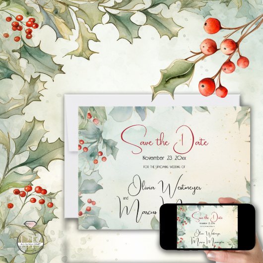 Invitation Save the date | Winter Holly et Berries