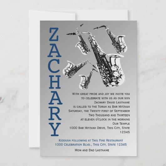 Invitation Saxophone Music Bar Mitzvah (Devant)