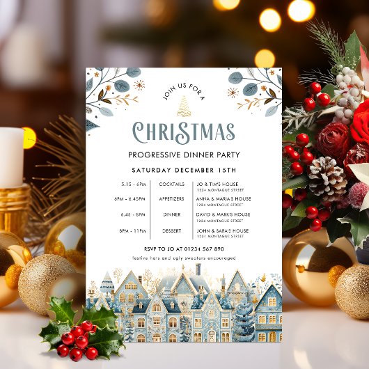 Invitation Scandi Blue Progressive Christmas Dinner Party