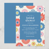 Invitation Scandi Boho Folk Fête des mariées bleu fleur (Devant / Derrière)