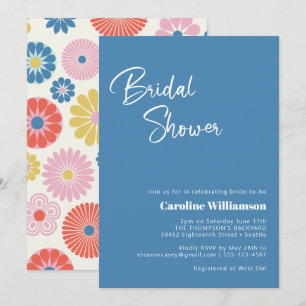 Invitation Scandinave Bohème Folk Fleur Bleu Baby Shower