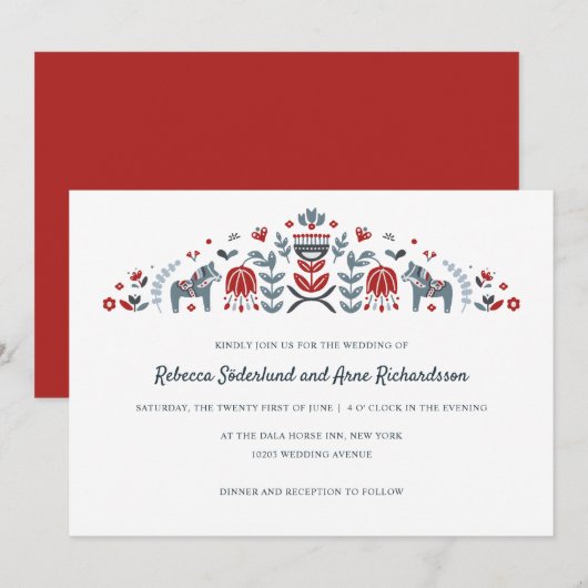Invitation Scandinave folk Art Dala Horse Mariage (Devant / Derrière)