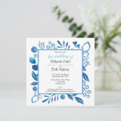 Invitation Scandinave Hiver Bleu Floral modèle Mariage (Debout devant)