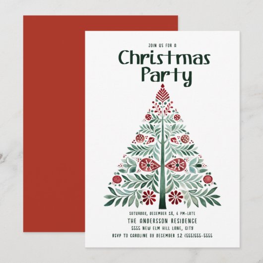 Invitation Scandinave Nordic Green Red Christmas Tree Party (Devant / Derrière)