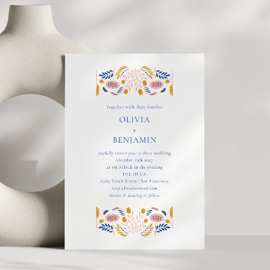 Invitation Scandinavian Folk Flowers Blue Yellow Chic Wedding