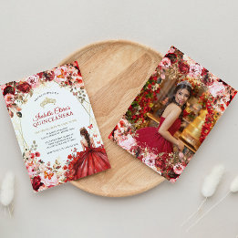 Invitation Scarlet Elegance Gold Enchantée Quinceanera Floral