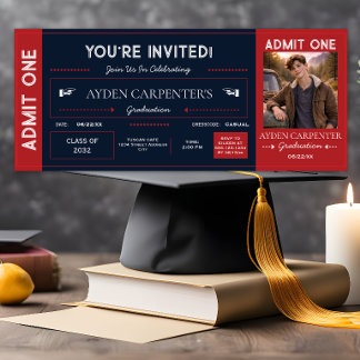 Invitation Scarlet Red & Navy Graduation Faux Ticket |