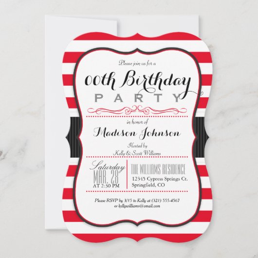 Invitation Scarlet Red & White Stripes fête d'anniversaire (Devant)