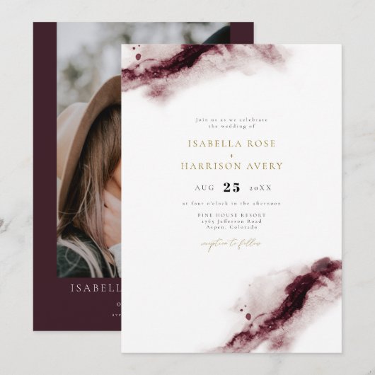 Invitation SCARLETT | Boho Burgundy Gold Watercolor Mariage (Devant / Derrière)