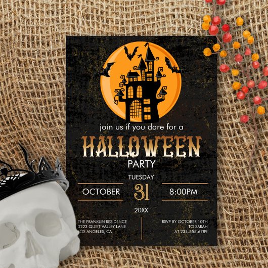 Invitation Scary Castle Flying Bats Halloween Party