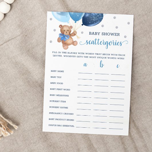 Invitation Scattergories Jeu Baby shower Teddy Bear Card