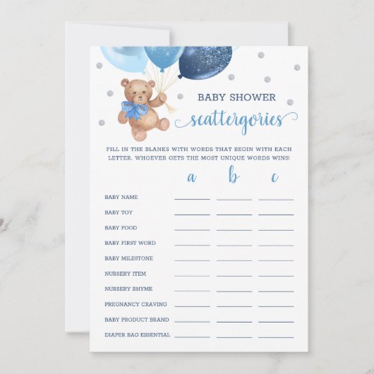 Invitation Scattergories Jeu Baby shower Teddy Bear Card (Devant)