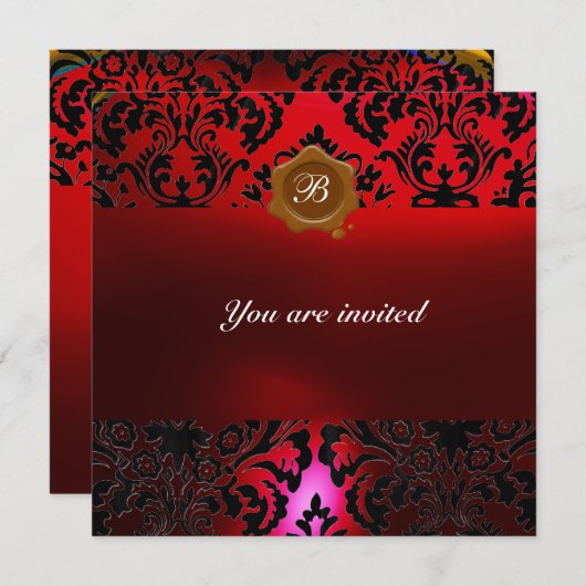 Invitation Sceau de cire rouge burgundi monogramme pierre gem (Devant / Derrière)