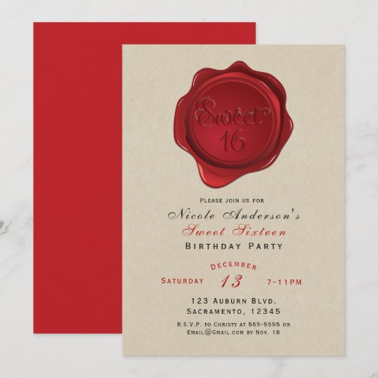 Invitation Sceau de cire rouge Sweet 16 Rustique Kraft Fête d (Devant / Derrière)