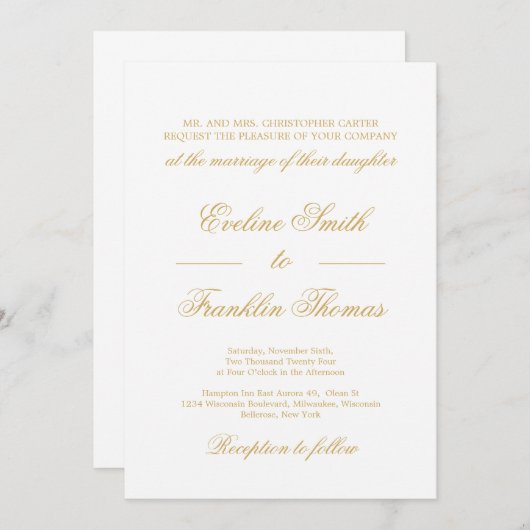 Invitation Scénario classique de calligraphie en or en lettre (Devant / Derrière)